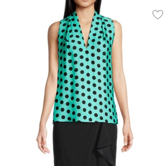 UNGARO Blouse Indera Polka Dot V Neck Sleeveless Pleated Top Size M - Picture 1 of 6